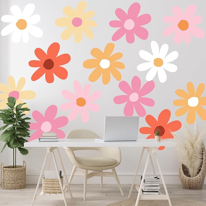 TaoBary 12 Sheet Daisy Wall Sticker Decal Removable Cute Daisy Bedroom Room Decor Flower Wall Sticker Pink White Flower Decal Wallpaper Peel and Stick for Nursery Home(Bright Color,Minimalist Style)