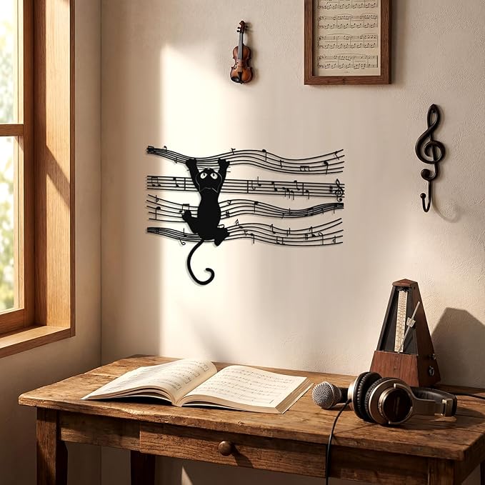 Otoolling Cat Playing Music Wall Decor Metal Black Cat Wall Art Hanging Signs Home Decor for Living Room Bedroom Bathroom Office Cats Lover Gifts (Cartoon,10.04 x 13.78 in)