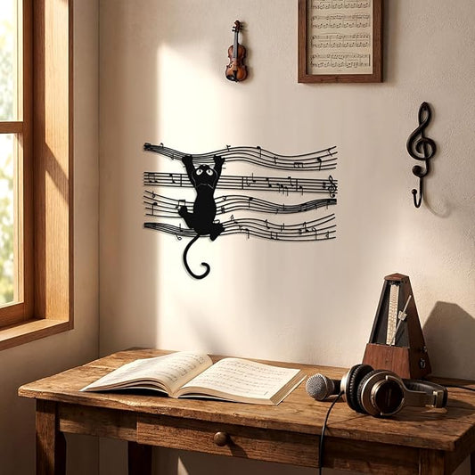 Otoolling Cat Playing Music Wall Decor Metal Black Cat Wall Art Hanging Signs Home Decor for Living Room Bedroom Bathroom Office Cats Lover Gifts (Cartoon,10.04 x 13.78 in)