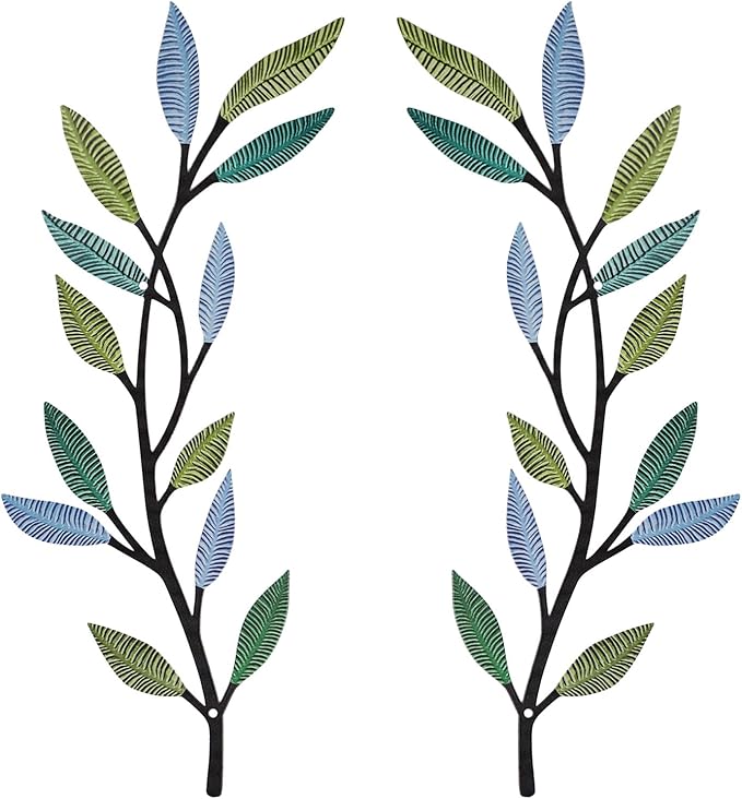 Metal Tree Leaf Wall Decor 2 PCS Rustic Vine Branch Leaf Wall Art for Living Room Bedroom Bathroom Decorations - Lively Color
