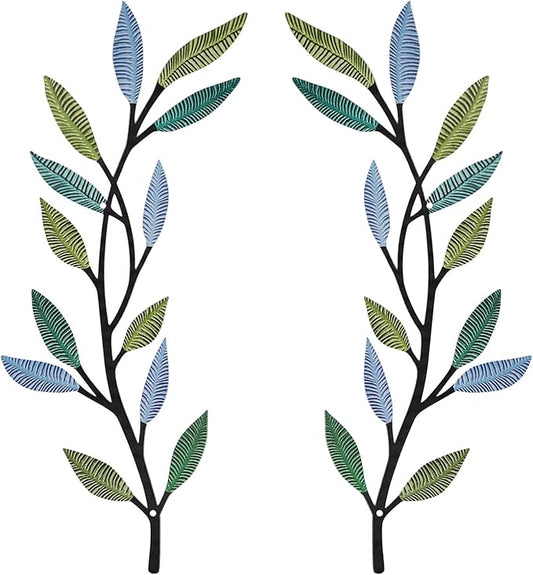 Metal Tree Leaf Wall Decor 2 PCS Rustic Vine Branch Leaf Wall Art for Living Room Bedroom Bathroom Decorations - Lively Color