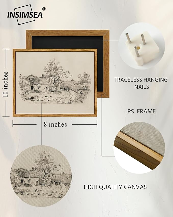 InSimSea Framed Canvas Print Art, Vintage Countryside Sketch Landscape Painting, Rustic Farmhouse Cottage Decor for Hallway Wall Floating Shelf Desk Vanity Fireplace,10x8in, Neutral Tones