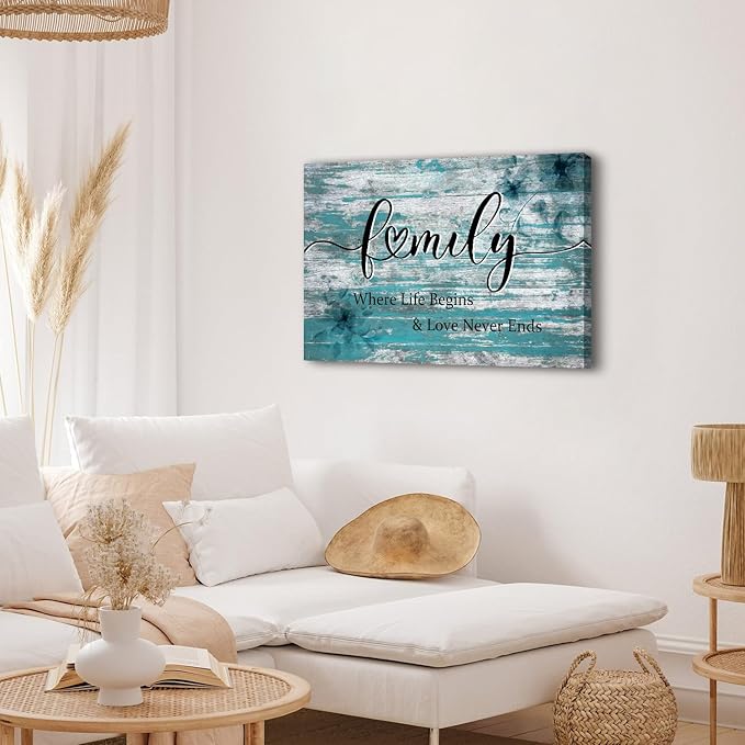 Farmhouse Family Canvas Wall Art Inspirational Signs Poster Where Life Begins Love Never Ends Teal Family Sign Picture Turquoise Painting Artwork for Kitchen Living Room Home Decoration 24x36"