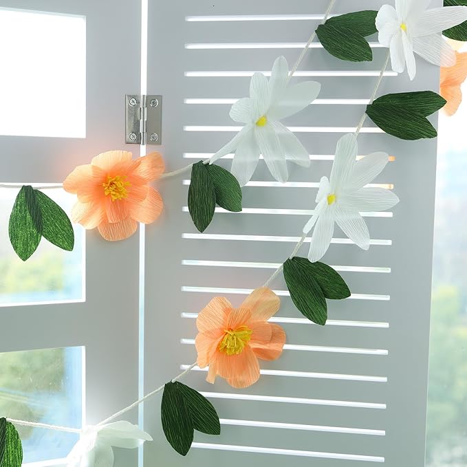 2Pcs Crepe Paper Flower Garlands, Handcrafted Hanging Flower Garland, Spring Flower Party Banners for Nursery Birthday Baby Shower Wedding Backdrop Decorations Supplies