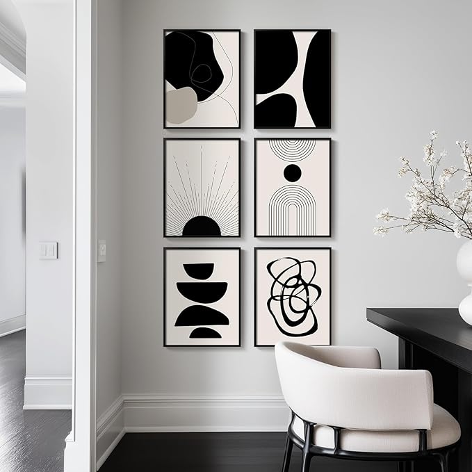 Framed Boho Black and White Abstract Wall Art, Set of 6 Modern Canvas Prints Paintings Artwork for Walls, Minimalist Geometric Pictures for Living Room Bedroom Office Bathroom Wall Decor 11x14 Inch