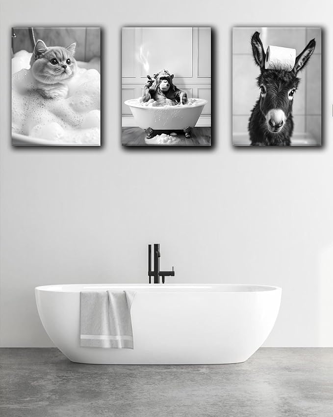 KensTro Funny Bathroom Wall Art Decor,12" x 16" Framed Canvas Bathroom Wall Art Picture,Black and White Donkey Toilet Paper Wall Art Animal Abstract Prints,Wall Decor for Bedroom Kid's Room,1Pack Gift
