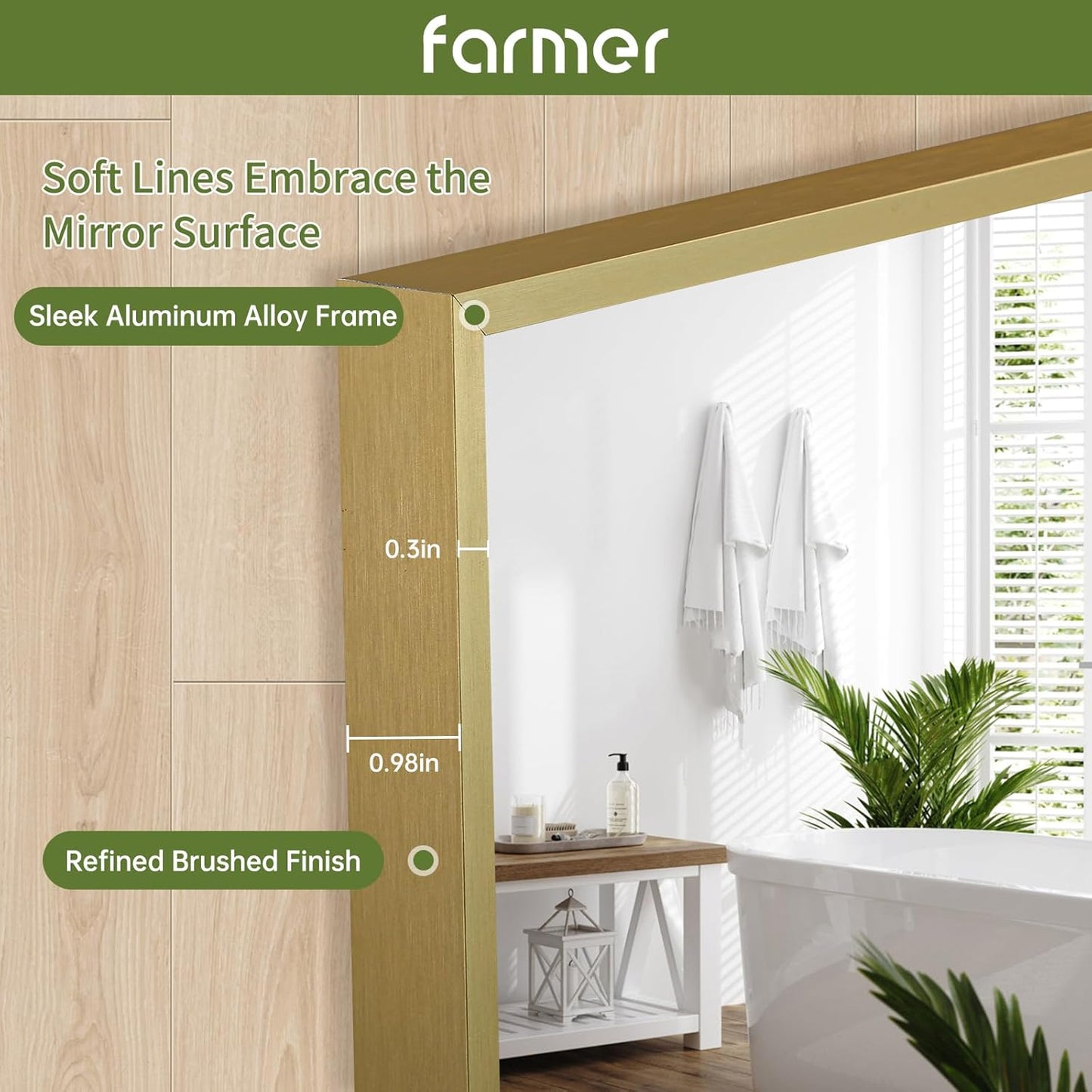FARMER 26x38 Inch Gold Bathroom Mirror, Rectangle Wall Mounted Mirror, Vanity Mirror, Brushed Square Mirror, Framed Bathroom Mirror for Bedrooms, Entryways, Living Rooms, Horizontal/Vertical