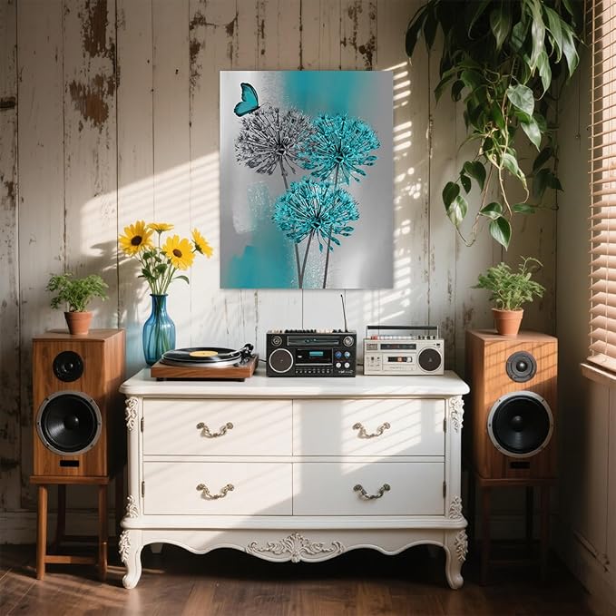 LB Teal Dandelion Canvas Wall Art Teal Grey Dandelion with Butterfly on Modern Abstract Wall Art Aesthetic Wall Decor for Living Room Bedroom Bathroom Office, Framed Ready to Hang 16Lx12W