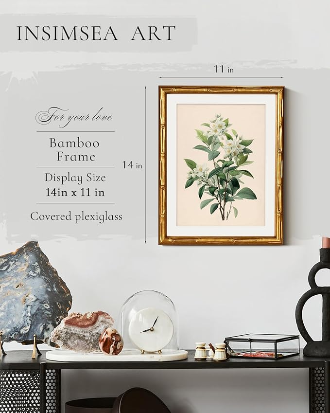 InSimSea Gold Bamboo Framed Canvas Wall Art, Vintage White Jasmine Botanical Prints, Antique Picture Frame with Mat, Victorian Home Wall Decor for Kitchen Dining Living Room Bedroom, 11x14inch