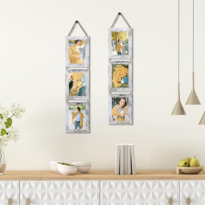 QUTREY 5x7 Collage Picture Frames, 6 Openings Hanging Photo Frame Set Display Vertical 5 by 7 inch Pictures for Wall Decor, Distressed White, 2 Pack