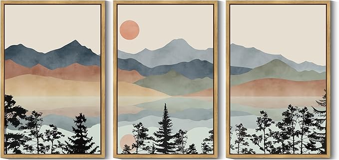 Drsoum Mountain Range Landscape Wall Art Framed Ink Wash Watercolor Nature Wall Decor Laker Sun Rises Prints Bedroom Living Room Ready to Hang 24x36in Natural Framed