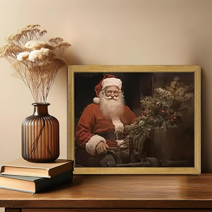 Christmas Wall Art Pictures, Vintage Christmas Wall Decor Prints, Vintage Santa Portrait Canvas Print Posters, Farmhouse Santa Pictures for Wall Framed 8x10 Inch