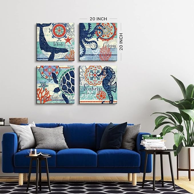 4 Panel Teal Blue Home Wall Art Decor Framed Artwork for Bathroom Living Room Canvas Print Beach Coastal Sea Turtle Octopus Seahorse Whale Pictures Posters Bedroom Decoration 20 x 20 / Piece Set