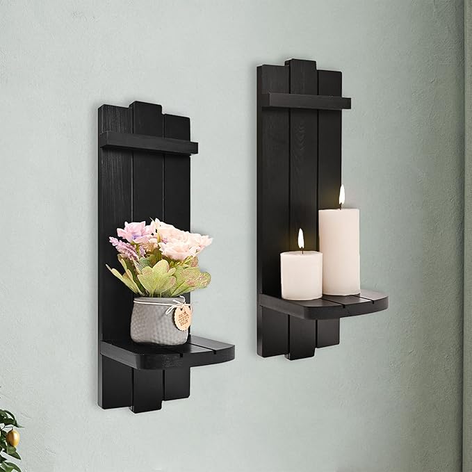 Sconces Set of 2, Rustic Home Decor, Farmhouse Wall Art Floating Candle Holder Shelf, Black Decorations for Living Room, Dining Room, Bedroom, Bathroom
