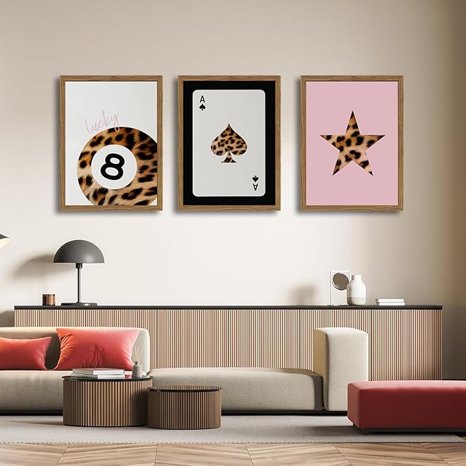 Pink and Black Leopard Wall Art, Lucky Girl 8 Ball Wall Decor Set of 3 Cheetah Lucky Star Poster Canvas Prints, Coquette Modern Teen Pictures for Bedroom Living Room 12x16 inch Framed