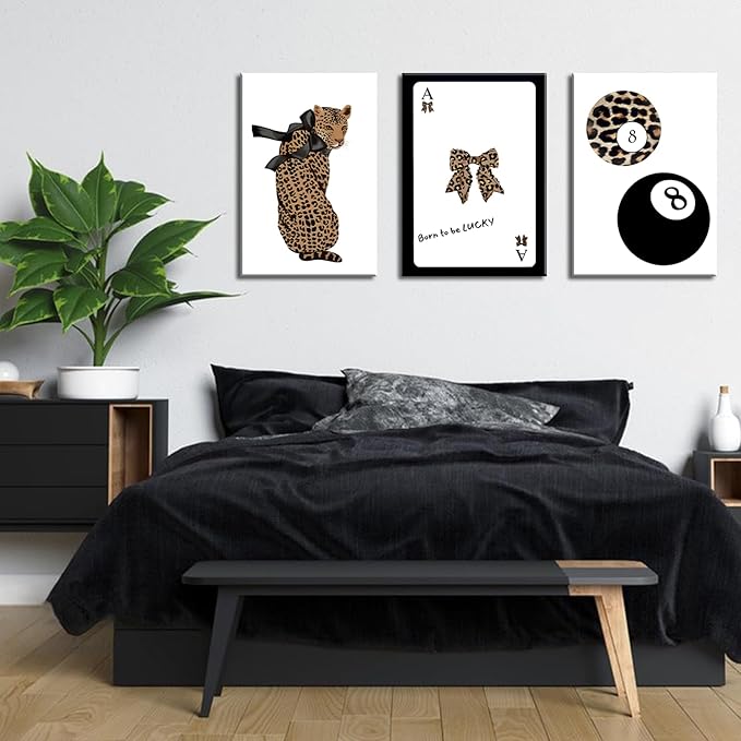 Set of 3 Trendy 8 Ball Leopard Canvas Wall Art Ace Card Bow Wall Decor Pictures Funky Born To Be Lucky Posters Prints Preppy Aesthetic Cheetah Room Decor for Girls Bedroom Apartment Dorm 12x16in