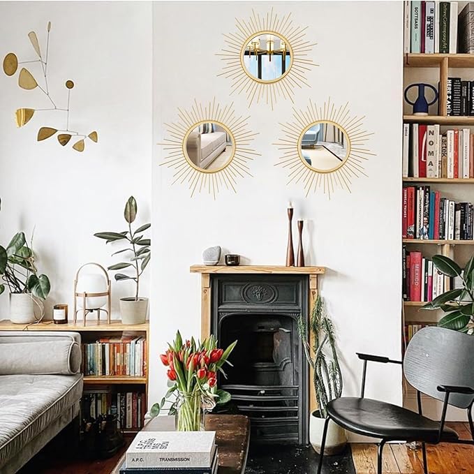 Cityelf 3 Set Gold Sunburst Mirrors for Wall Decorative Metal Mirrors Small Mirror Sets Hanging Mirror Wall Sculpture for Bedroom Living Room Entryway