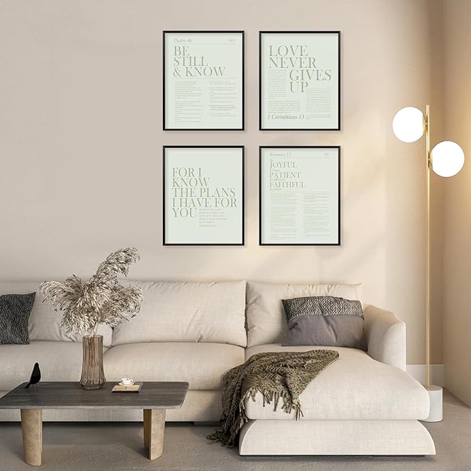 Locomiss Sage Green Christian Wall Art Decor, Modern Bible Verse Prints, Minimalist Jesus Scripture Wall Decor, Inspirational Bible Posters for Bedroom Office Living Room, Set of 4 (8x10 Unframed)