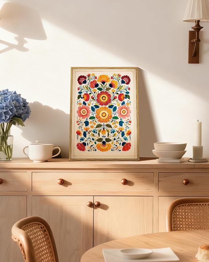 WHASAYART Framed Colorful Floral Cute and Elegent Wall Art 12''x16'', Nature Rustic Botanical Canvas Print, Boho Vintage Style, Still Life Orange Blue Red Flower for Living Room Bedroom Decoration