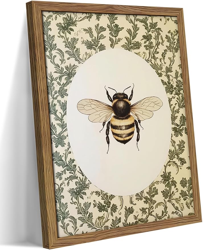 Framed Vintage Bee Wall Art, Cottagecore Floral Botanical Decor, Rustic Garden Insect Pictures Poster, Oval Bumblebee Canvas Print Wall Decor for Bedroom Living Room 8x10 inch
