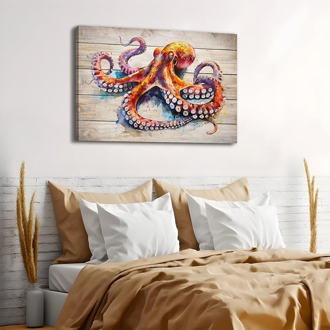 Sea Life Wall Art Octopus Picture Wall Decor Underwater Marine Animal Wall Decor Modern Gallery Artwork Canvas Prints Ocean Creature Painting Framed Kitchen Bedroom Living Room Home Decoration 32x48"