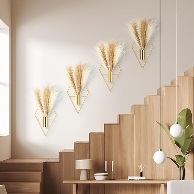 Hanaive 4 Sets Boho Gold Wall Decor Metal Wall Art Hanging Planters with Artificial Pampas Display Art Modern Home Metal Vase for Bedroom Living Room Home Office(Gold, Beige, Dark Coffee)
