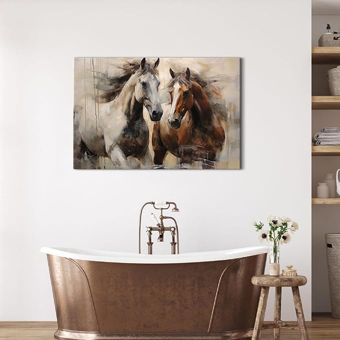 Vintage Horse Pictures Wall Decor Western Farmhouse Canvas Prints Running Horse Art Wall Decor Retro White Brown Horses Paintings Artwork for Living Room Bedroom Office Home Decorations 24x36"