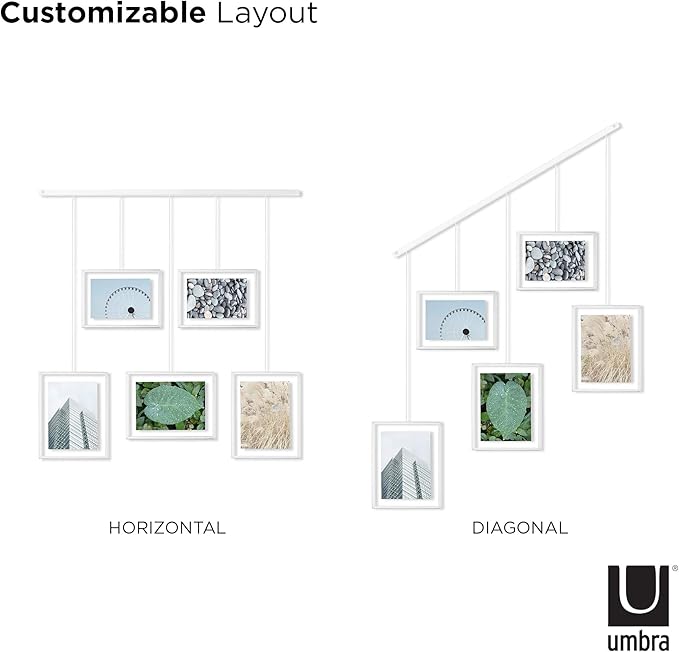 Umbra Exhibit Picture Frame Gallery Set, Adjustable Wall Collage Displays Five Photos (Two 4x6 and Three 5x7), Set of 5, White