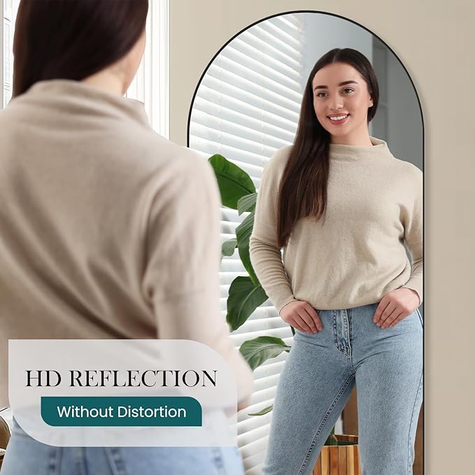 DUMOS Arched Full Length Mirror with Stand Floor Standing Aluminum Frame for Bedroom Body Hanging Leaning Modern Simple Home Decor Shatter-proorf Nano Glass Wall Living Room Natural Black, 70.4"x25.6"