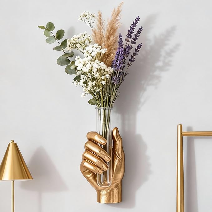 Gold Wall Hand Vase,Vintage Art Decor,Life-Size Hand Sculpture with Glass Test Tube Vase,Unique Wall Art Statue for Indoor or Outdoor,Maximalist Boho Whimsical Decor, for Women