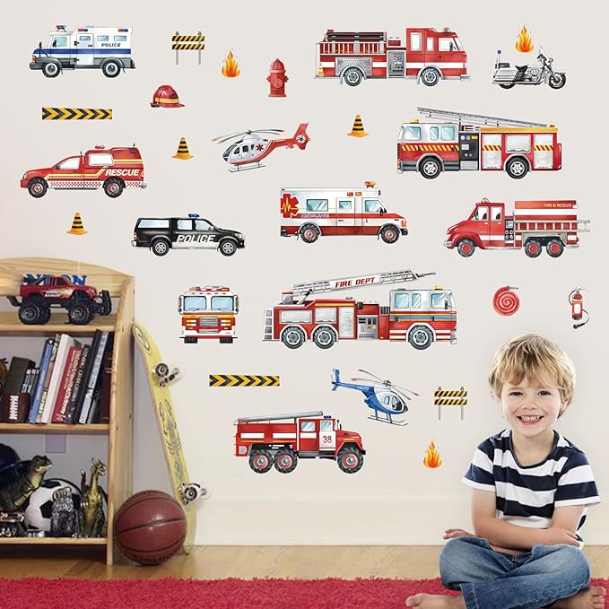 decalmile Transportation Cars Vehicles Wall Decals Fire Trucks Wall Stickers Baby Nursery Kids Room Boys Bedroom Wall Decor