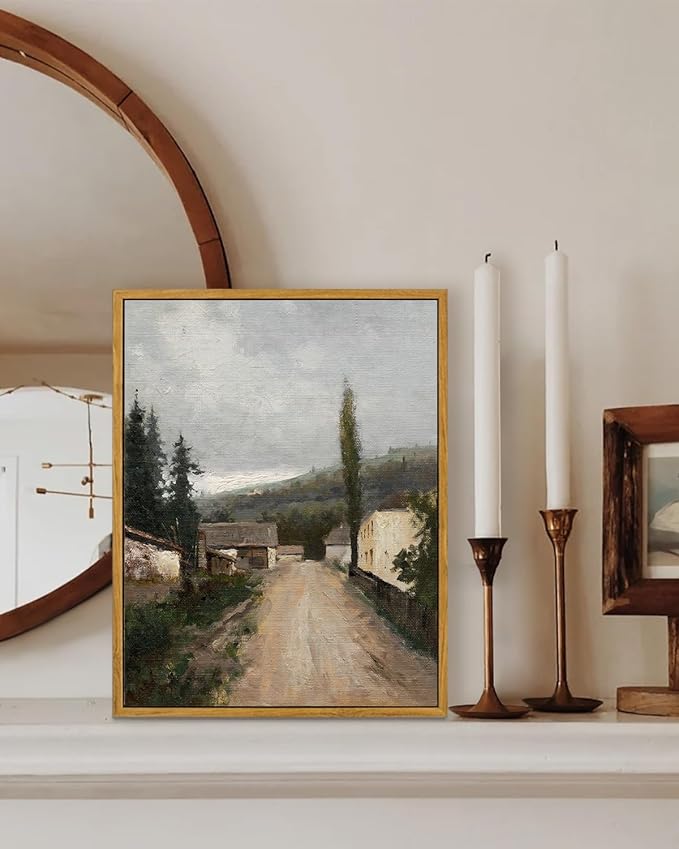 KBKBART Framed Wall Art, Vintage European Village Country Canvas Art Prints Farmhouse Decor, Vintage Oil Painting Picture, Rustic Landscape Wall Decor for Bathroom, Bedroom Living Room, Vintage Art(12"x16")
