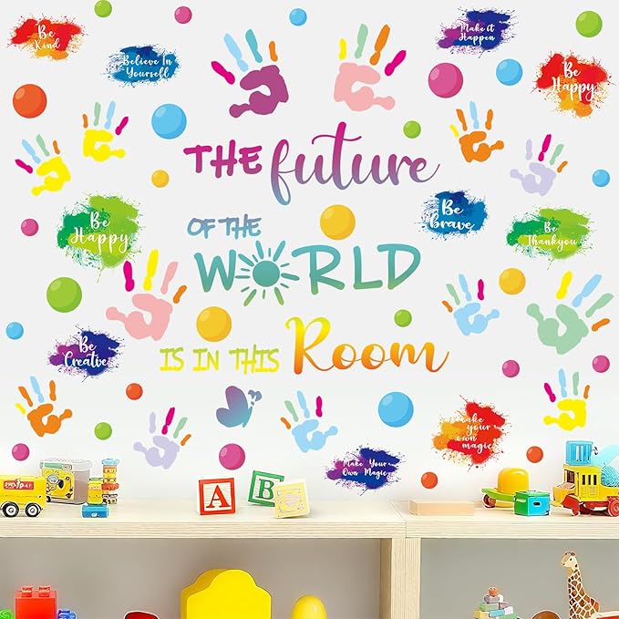 Colorful Inspirational Wall Decals for Classroom Decor, Vinyl Paint Splatter Handprint Inspirational Quotes Wall Stickers for Kids Bedroom School Nursery Decorations