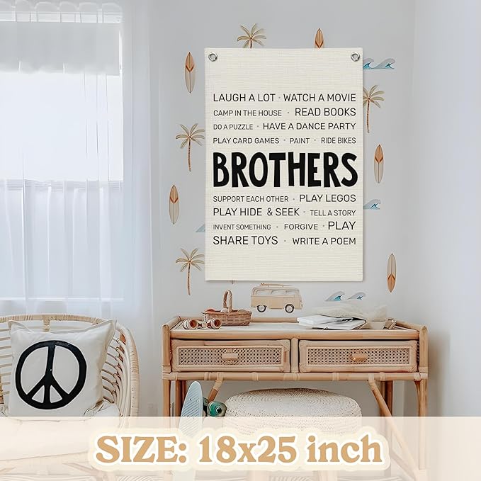 Boys Room Decor,Brothers Make The Best Friends Toddler Room Banner,Playroom Linen Canvas Wall Hanging Flag Decor for Nursery,Playroom,Bedroom,Living Room 18x25 Inch