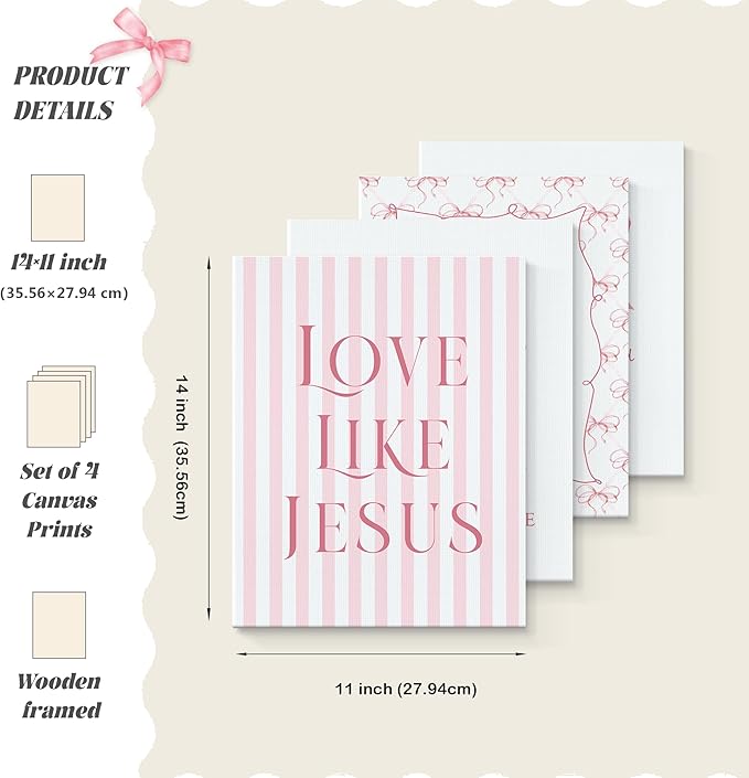 LARTSFRO Coquette Pink Bow Jesus Canvas Wall Art Decor Posters Prints, Light Pink Bow Room Bedroom Bathroom Dorm Wall Art Decor Aesthetic for College Teen Girls Gifts, Inspirational Bible Verses Bow Wall Decor, 11x14 Inch Set of 4 Pcs Bow Pictures (Can...