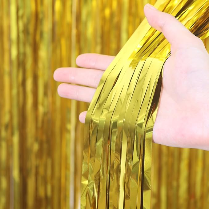 3.3 x 6.6 ft Foil Fringe Backdrop Curtains, Tinsel Streamers Party Decorations, Fringe Backdrop for Birthday, Baby Shower, Gender Reveal, Graduation (9, Gold)