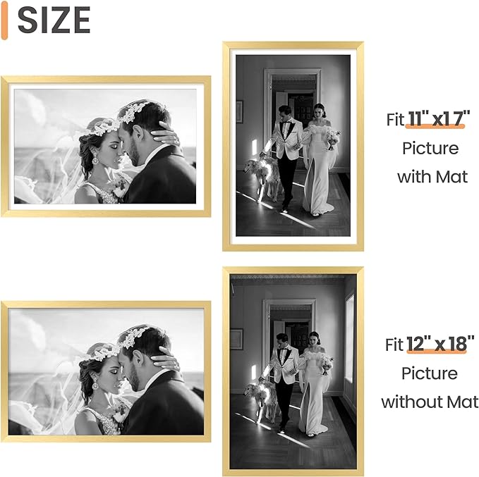 upsimples 12x18 Picture Frame Set of 5, Display Pictures 11x17 with Mat or 12 x 18 Without, Wall Gallery Poster Frames, Gold