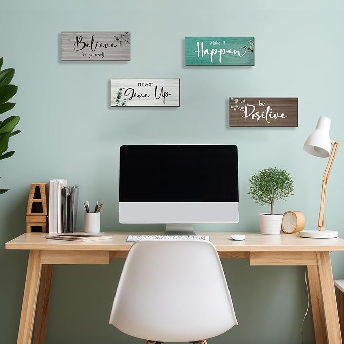 4 Pcs Office Decor For Women Motivational Wall Decor Rustic Inspirational Sign With Positive Sayings Wooden Hangings for Home Office Bathroom Bedroom Kitchen(Teal 10x4")