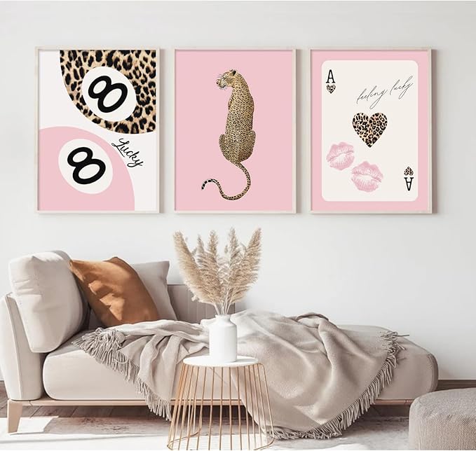 Lhoiplme Cheetah Trendy Wall Art Preppy Leopard Canvas Print Cheetah Room Wall Decor 8 Ball Poster Y2k Pink Coquette Luxury Print Lucky Aesthetic Fashion Pictures for Bedroom 16x24x3 Inch Unframed