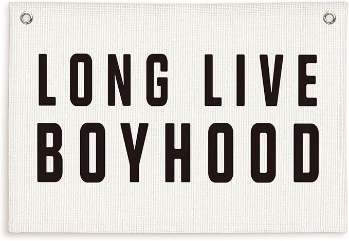Lacama Long Live Boyhood Banner, Neutral Canvas Wall Hanging Banner Flag for Nursery Playroom, Toddler Room, Boys Kids Room Decor 30x20 Inch