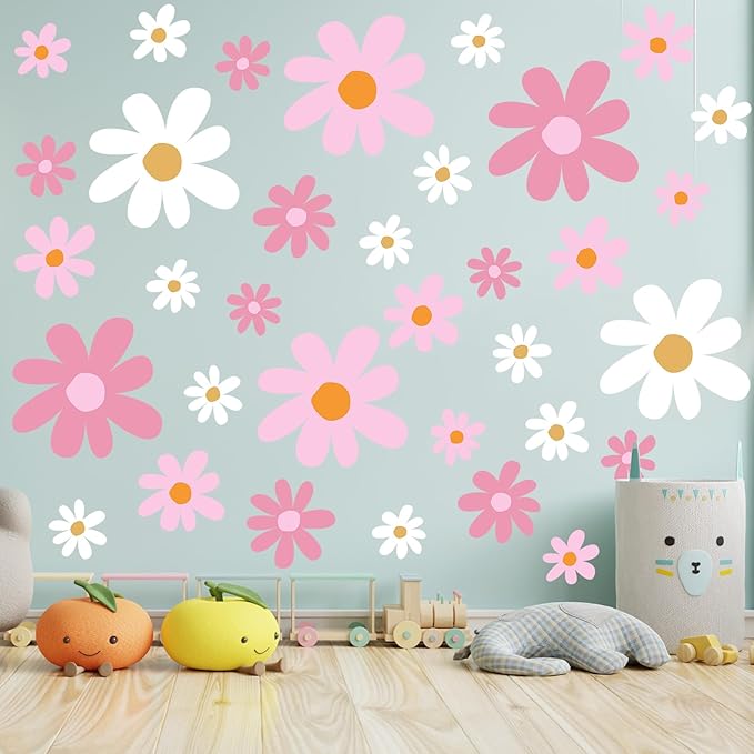 TaoBary 12 Sheet Daisy Wall Sticker Decal Removable Cute Daisy Bedroom Room Decor Flower Wall Sticker Pink White Flower Decal Wallpaper Peel and Stick for Nursery Home(Pink Color,Vibrant Style)
