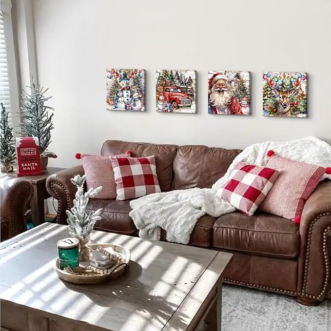 Christmas Pictures Wall Decor Santa Claus Snowman Wall Art Xmas Decorations Vintage Watercolor Deer Elk Posters Canvas Prints Colorful Winter Artwork for Living Room Bedroom Holiday Gifts 12x12" 4P