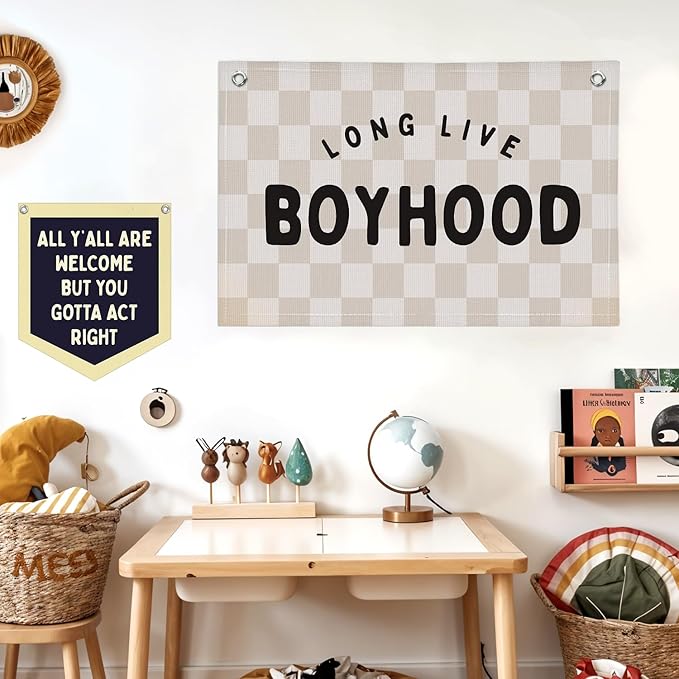 Lacama Long Live Boyhood Boys Room Decor Nursery Decor, Linen Banner Wall Hanging Banner Flag for Boys Bedroom Decor Toddler Boy Room Nursery 30x20 In