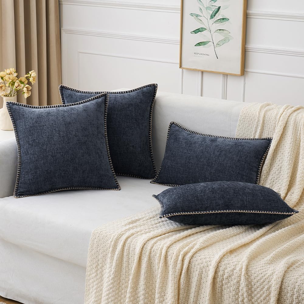 MIULEE Pack of 2 Couch Throw Pillow Covers 18x18 Inch Dark Blue Farmhouse Decorative Pillow Covers with Stitched Edge Soft Chenille Solid Dyed Spring Pillow Covers for Sofa Bed Living Room