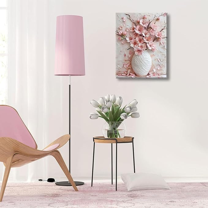 Pink Floral Canvas Wall Art sakura Flowers Botanical painting Decor Pictures Cherry blossoms Posters Prints for Living Room Classroom Bedroom office corridor bathroom Decoration