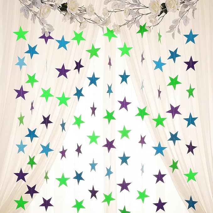 Patelai Glitter Star Garland Banner 2026 Graduation Decor 130 Feet Star Hanging Banner Twinkle Backdrop for Party Birthday Classroom Wedding Supplies(Purple, Blue, Green)