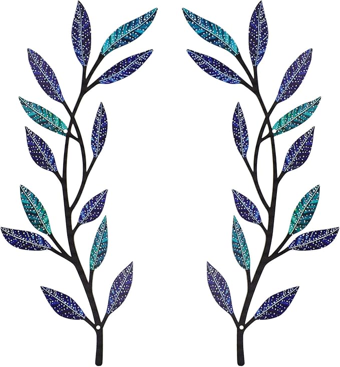 Metal Tree Leaf Wall Decor 2 PCS Rustic Vine Branch Leaf Wall Art for Living Room Bedroom Bathroom Decorations - Frosted Starlight