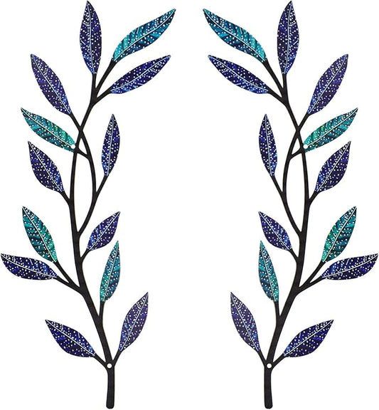 Metal Tree Leaf Wall Decor 2 PCS Rustic Vine Branch Leaf Wall Art for Living Room Bedroom Bathroom Decorations - Frosted Starlight