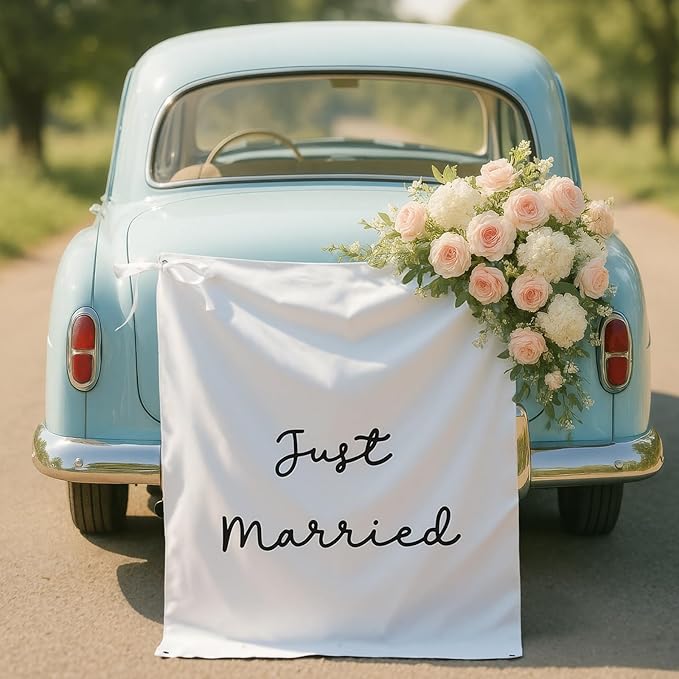 Oudain 29x39 Inch Just Married Burlap Banner, Wedding Fabric Backdrop with Ribbons and Hooks, Rustic Boho Photo Props Sign for Wedding Marriage Party Indoor Outdoor Wall Hanging Decoration