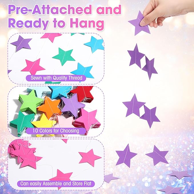 Patelai Glitter Star Garland Banner 2026 Graduation Decor 130 Feet Star Hanging Banner Twinkle Backdrop for Party Birthday Classroom Wedding Supplies(Rainbow)